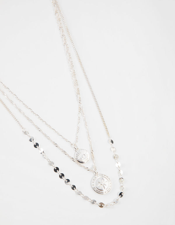 Silver Short Eye Coin 3-Row Necklace