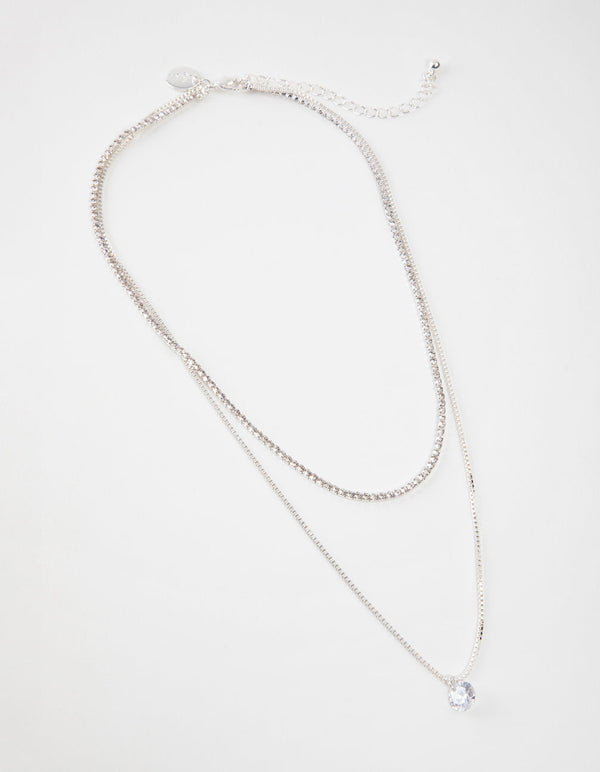 Silver Short 2-Row Cupchain Diamante Necklace