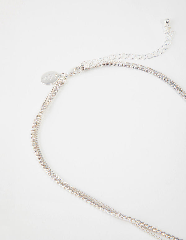 Silver Short 2-Row Cupchain Diamante Necklace