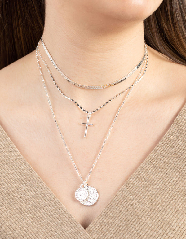 Silver Cross Coin Layer Necklace