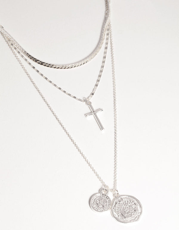 Silver Cross Coin Layer Necklace