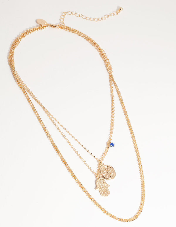 Gold Short Hand Coin 3-Row Necklace