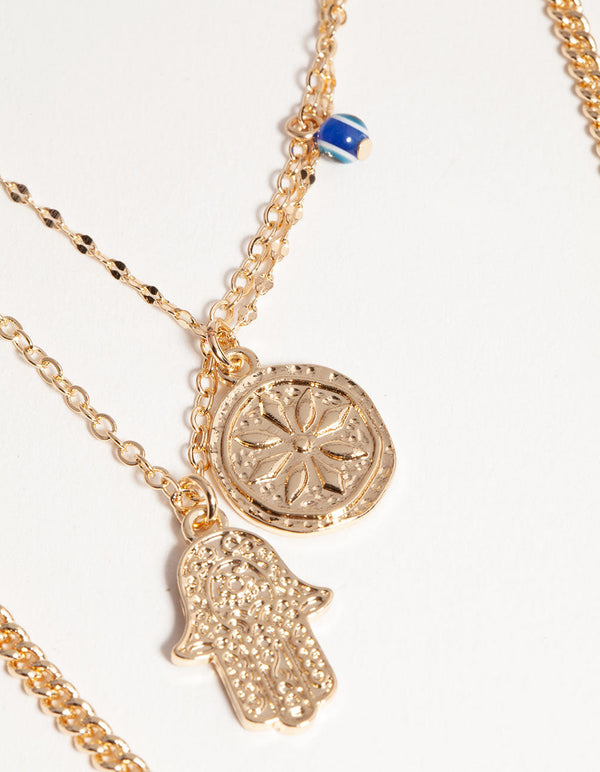 Gold Short Hand Coin 3-Row Necklace
