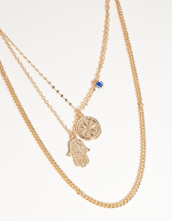 Gold Short Hand Coin 3-Row Necklace