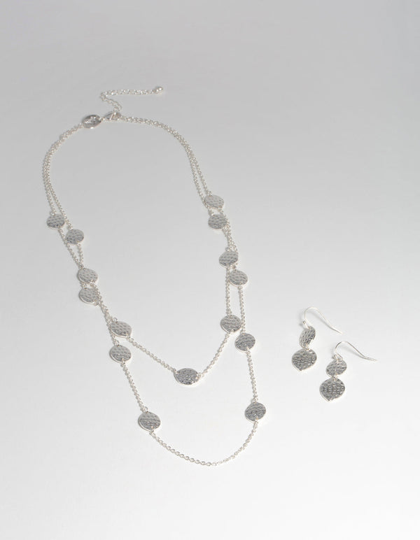 Silver Mid-Textured Layered Earrings and Necklace