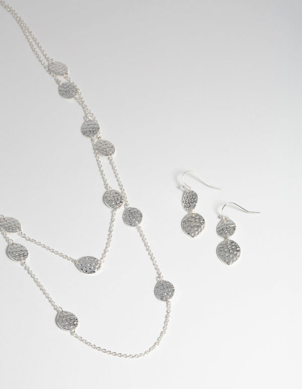 Silver Mid-Textured Layered Earrings and Necklace
