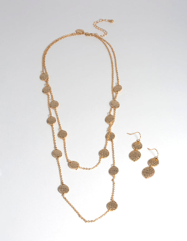 Gold Mid-Textured Layered Earrings and Necklace