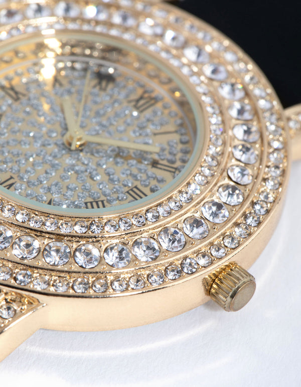 Gold Roman Numeral Bling PU Strap Watch