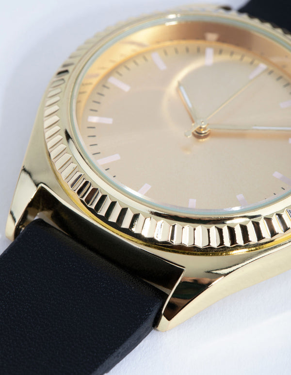 Gold Fluted Bezel PU Strap Watch