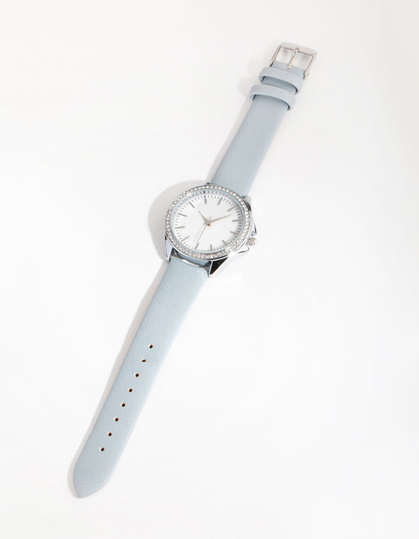 Rhodium Diamante Bezel Mother of Pearl PU Strap Watch