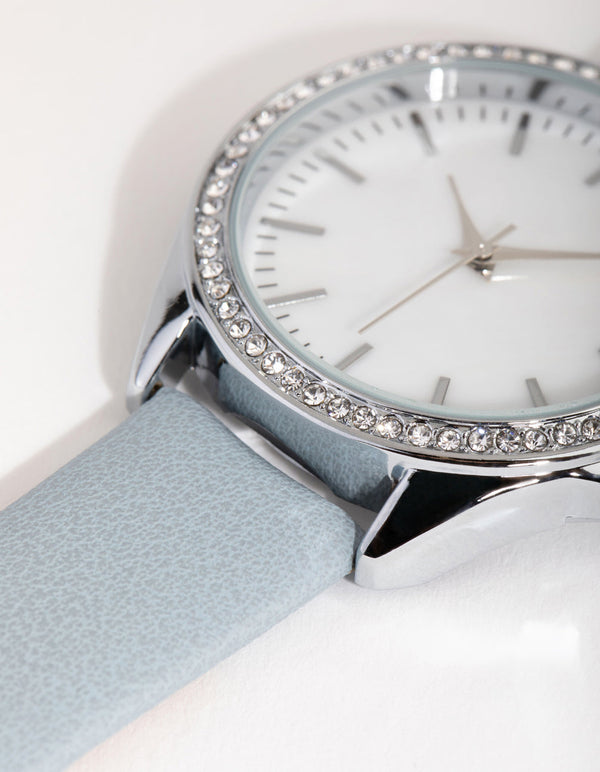 Rhodium Diamante Bezel Mother of Pearl PU Strap Watch