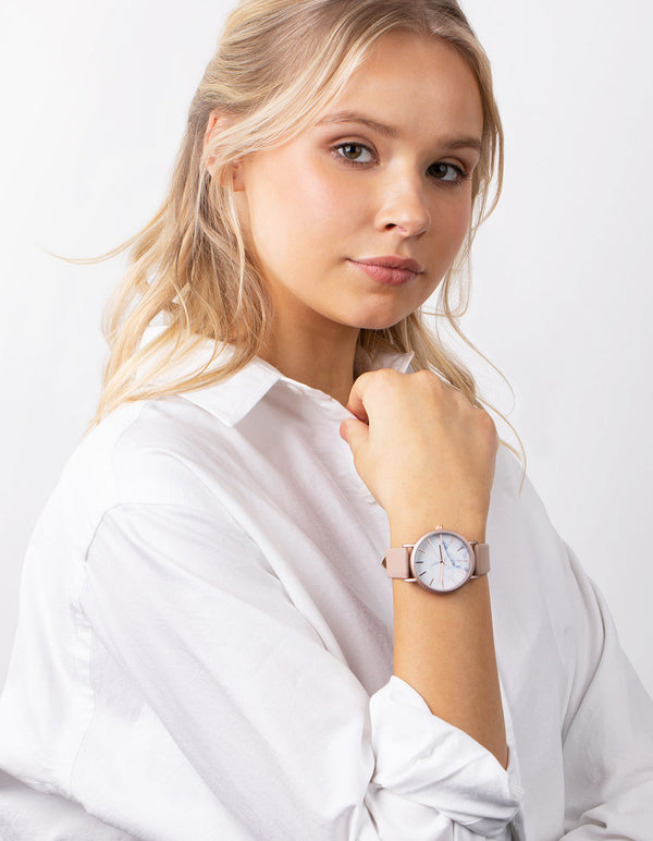 Rose Gold Marble Dial PU Strap Watch