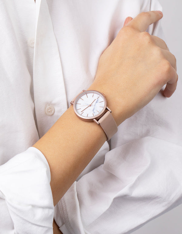 Rose Gold Marble Dial PU Strap Watch