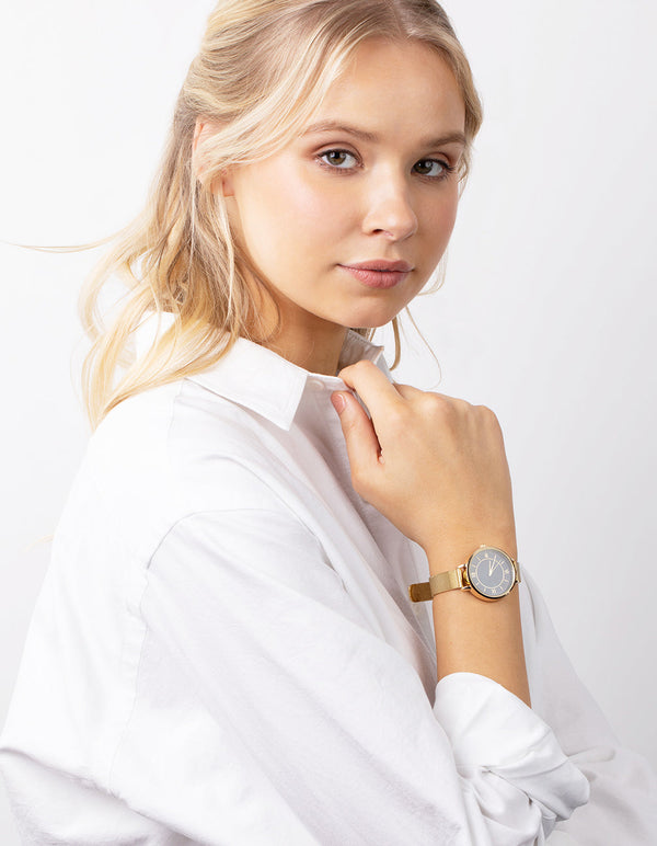 Gold Roman Numeral Mesh Strap Watch