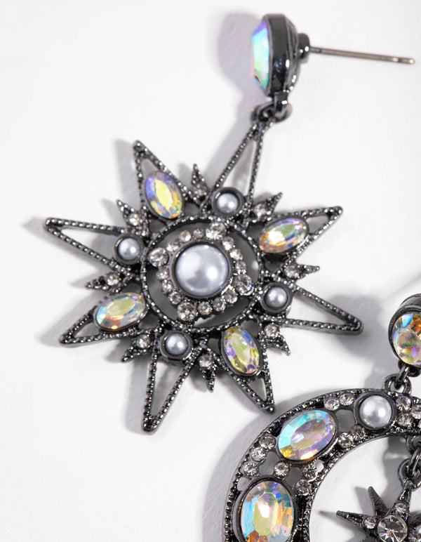 Gunmetal Mini Star and Moon Earrings