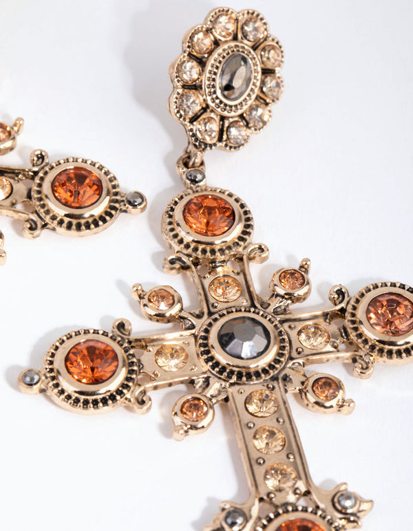 Antique Gold Statement Cross Earrings