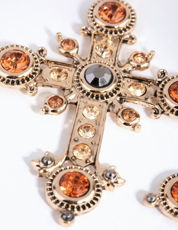 Antique Gold Statement Cross Earrings