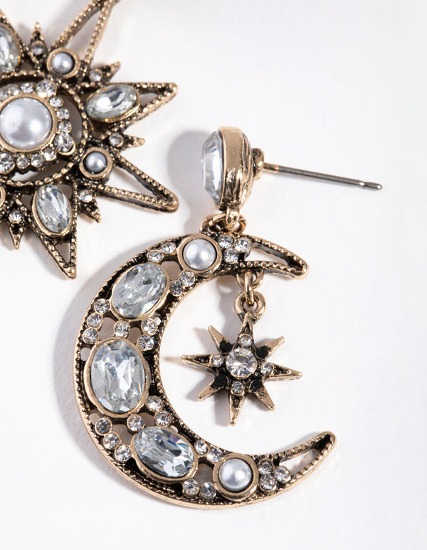 Antique Gold Mini Star and Moon Earrings