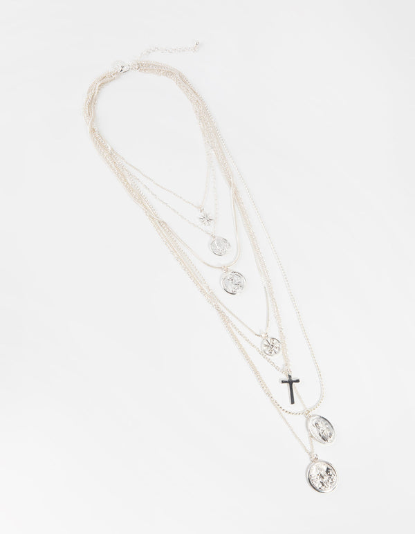 Silver Cross & Coin Multi Row Necklace
