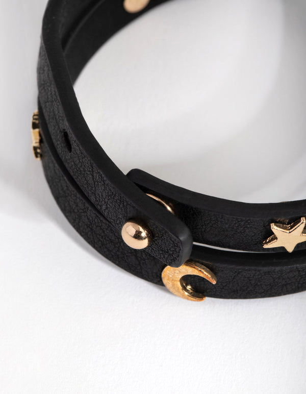 Gold PU Star and Moon Wrap Bracelet