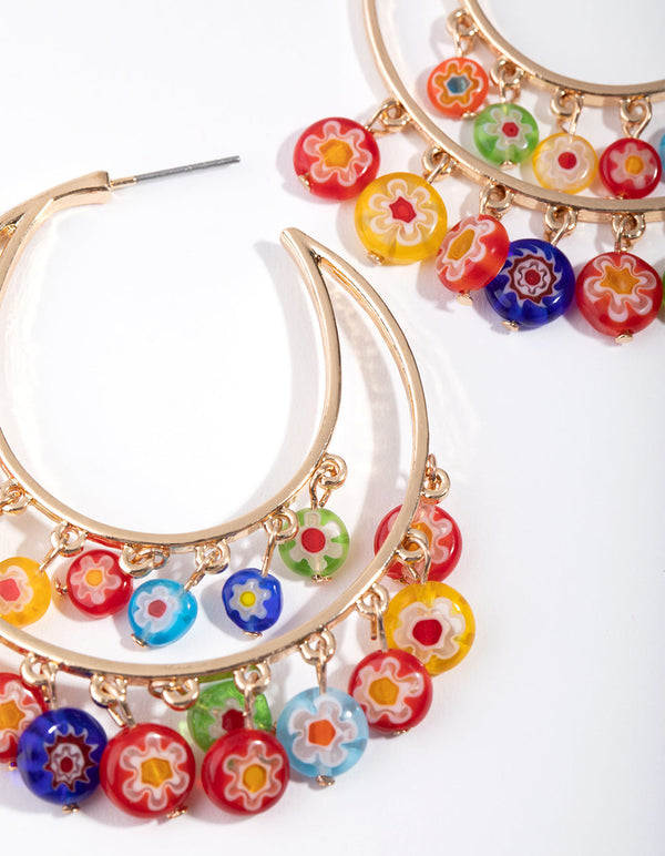 Gold Double Loop Printed Bead Earrings