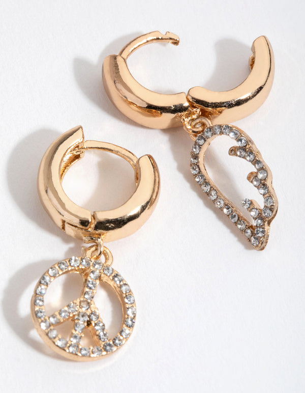 Gold Diamante Wing Peace Huggie Earrings