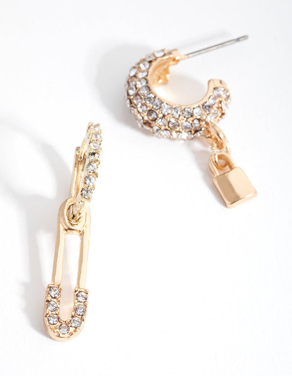 Gold Asymmetrical Safety Pin Huggie Earrings