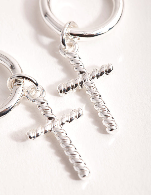 Silver Twist Cross Huggie Earrings