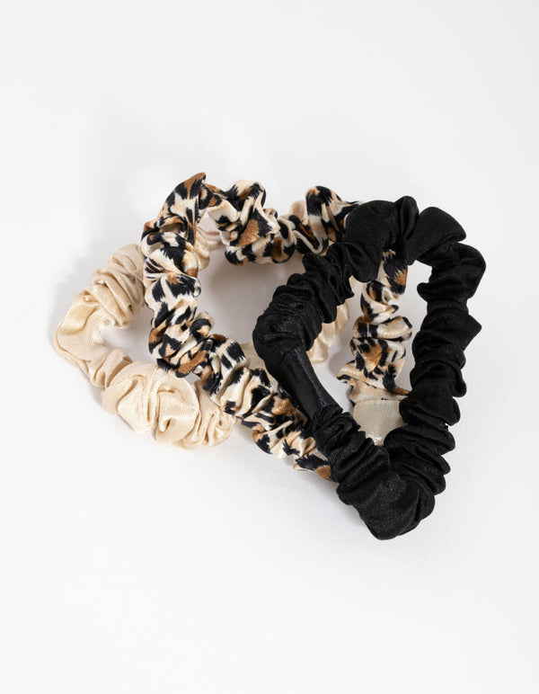 Black and Leopard Miniture Silk Scrunchie 3-Pack