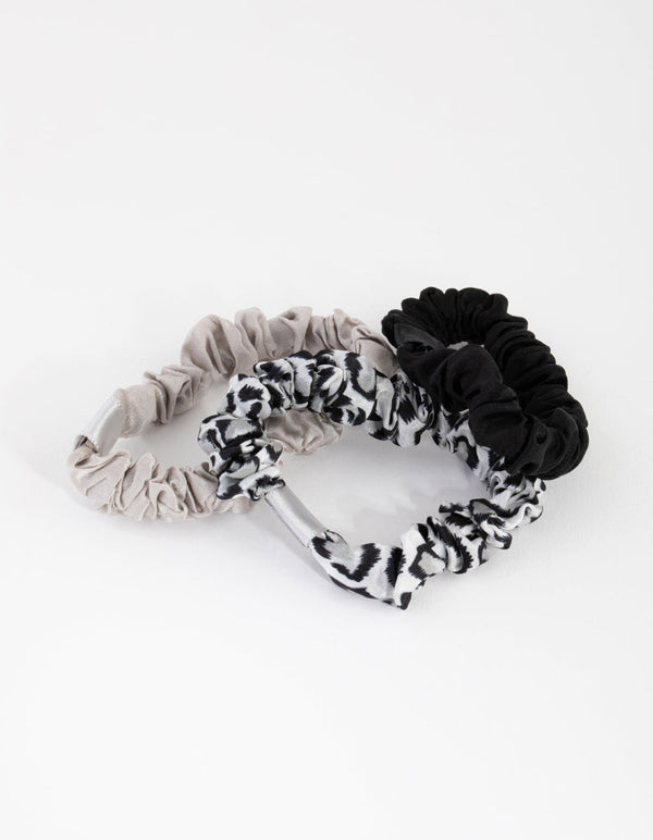 Grey and Leopard Miniature Silk Scrunchie 3-Pack