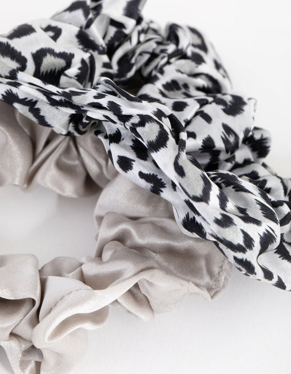 Grey and Leopard Silk Scrunchie 2-Pack