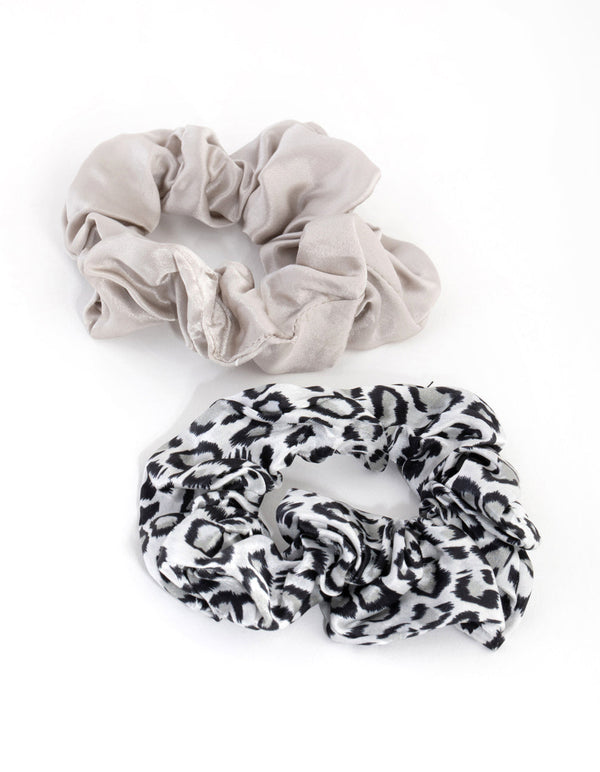 Grey and Leopard Silk Scrunchie 2-Pack