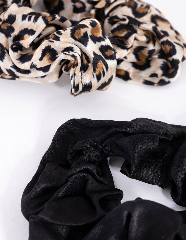 Black and Leopard Silk Scrunchie 2-Pack