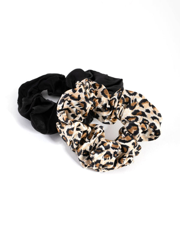 Black and Leopard Silk Scrunchie 2-Pack