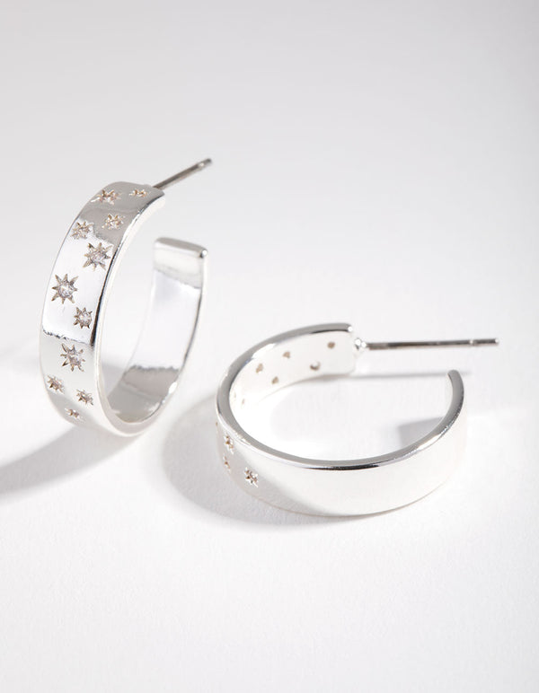 Real Silver Plated Diamante Star Hoop Earrings