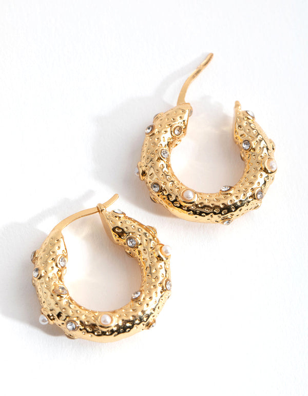 Real Gold Plated Textured Ball Freshwater Pearl Hoop Earrings