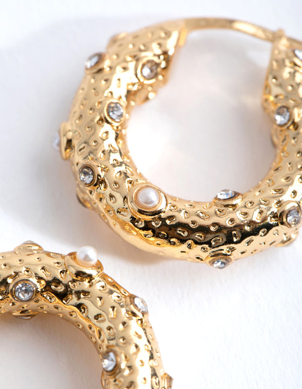 Real Gold Plated Textured Ball Freshwater Pearl Hoop Earrings