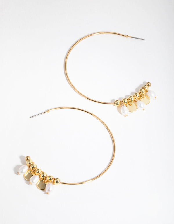 Real Gold Plated Freshwater Pearl and Disc Hoop Earrings