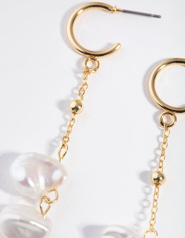 Real Gold Plated Double Freshwater Pearl Long Drop Earrings