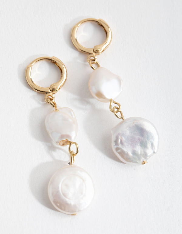 Real Gold Plated Multi Freshwater Pearl Huggie Earrings