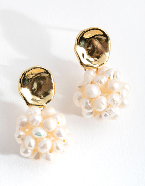 Real Gold Plated Flat Stud Freshwater Pearl Jumble Earrings