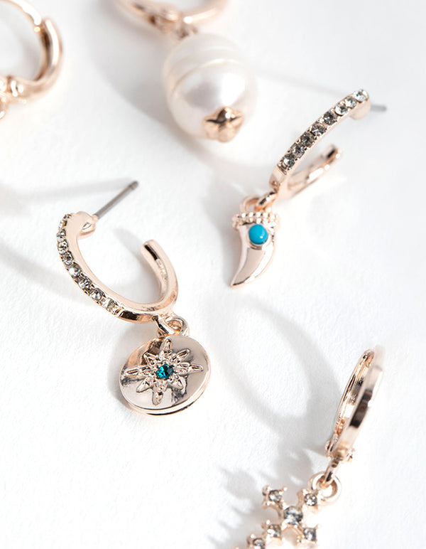 Real Rose Gold Plated Freshwater Pearl and Cross Curated Earring Pack