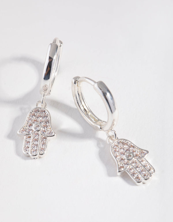 Real Silver Plated Diamante Hamsa Huggie Earrings