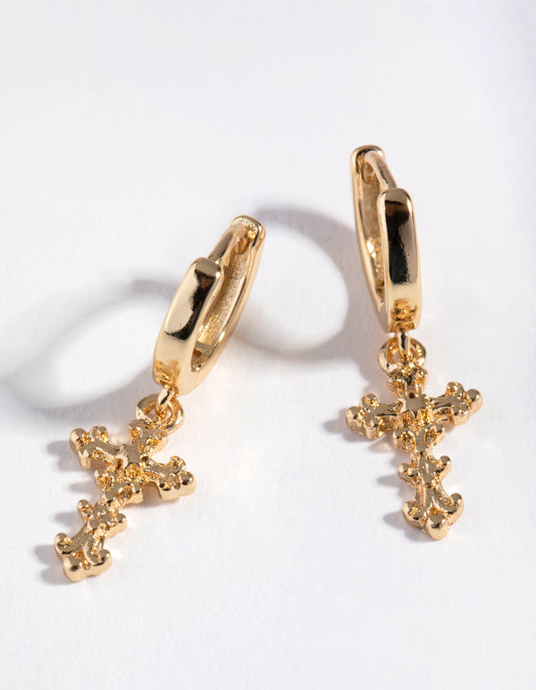 Real Gold Plated Cross Huggie Earrings