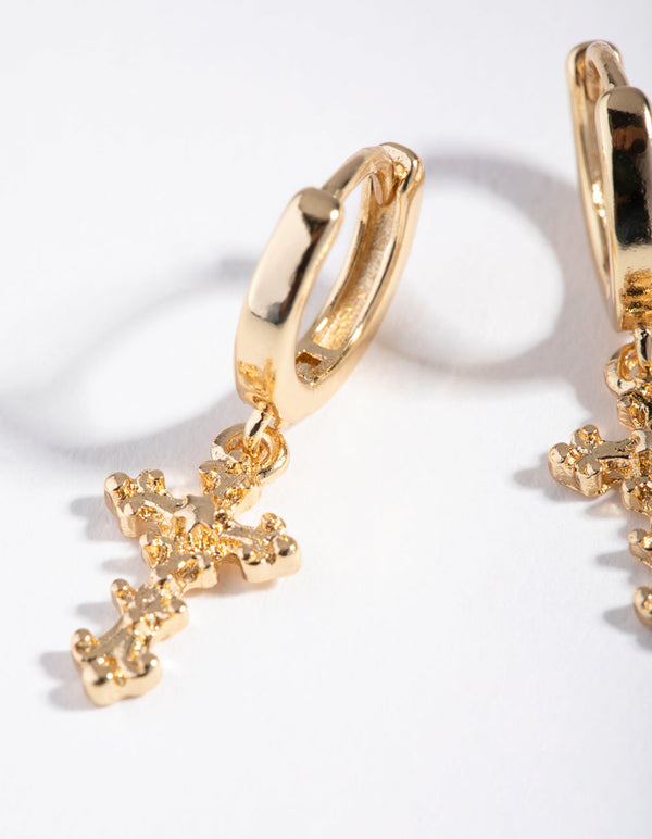 Real Gold Plated Cross Huggie Earrings