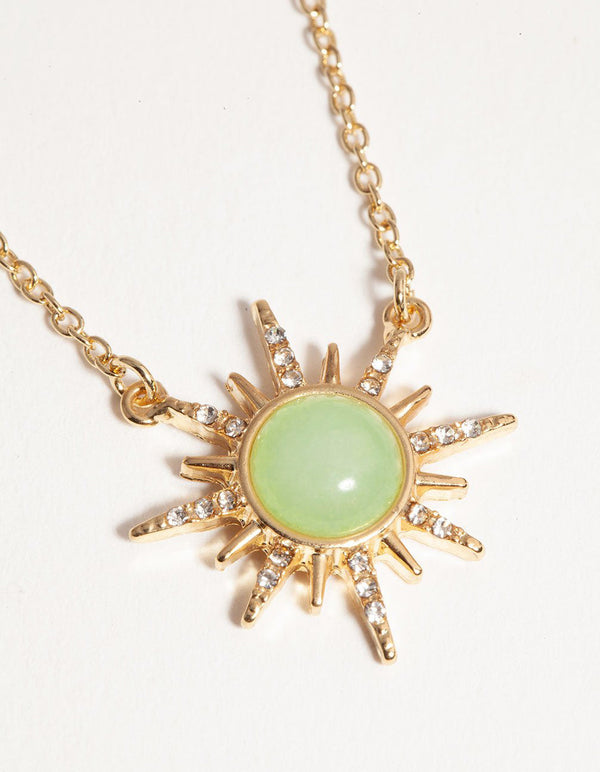 Real Gold Plated Diamante Semi Precious Jade Sun Necklace