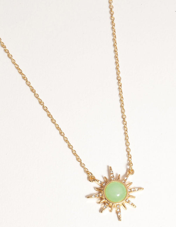 Real Gold Plated Diamante Semi Precious Jade Sun Necklace