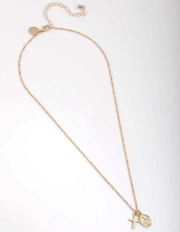 Real Gold Plated Cross and Coin Necklace
