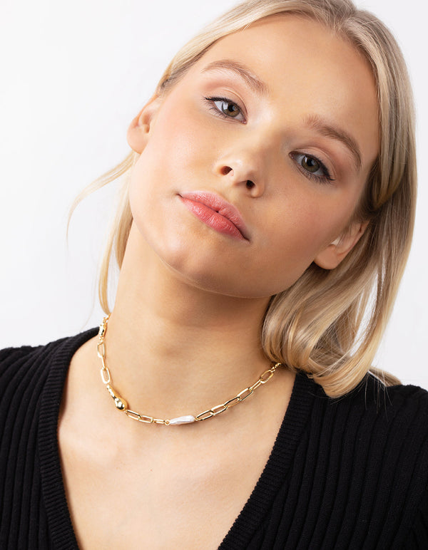 Real Gold Plated Rectangle Link Freshwater Pearl Necklace