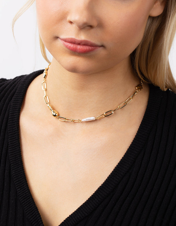 Real Gold Plated Rectangle Link Freshwater Pearl Necklace